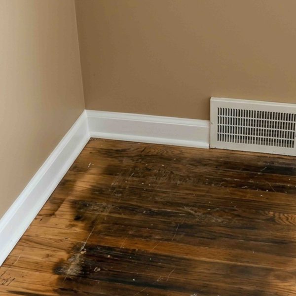 Dark water stain on hardwood floor of a home with beige walls
