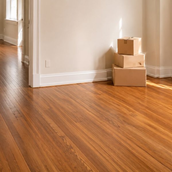 Empty room with freshly refinished hardwood floors, warm natural light, and stacked moving boxes near the wall before move-in