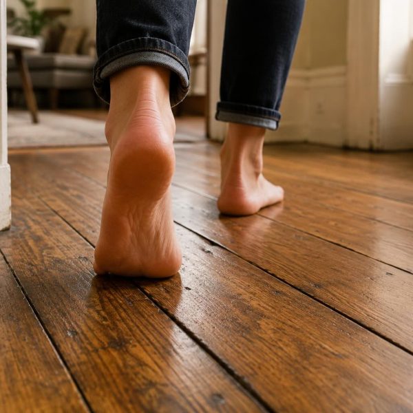 Bare feet walking across aged hardwood floorboards in an older Philadelphia home